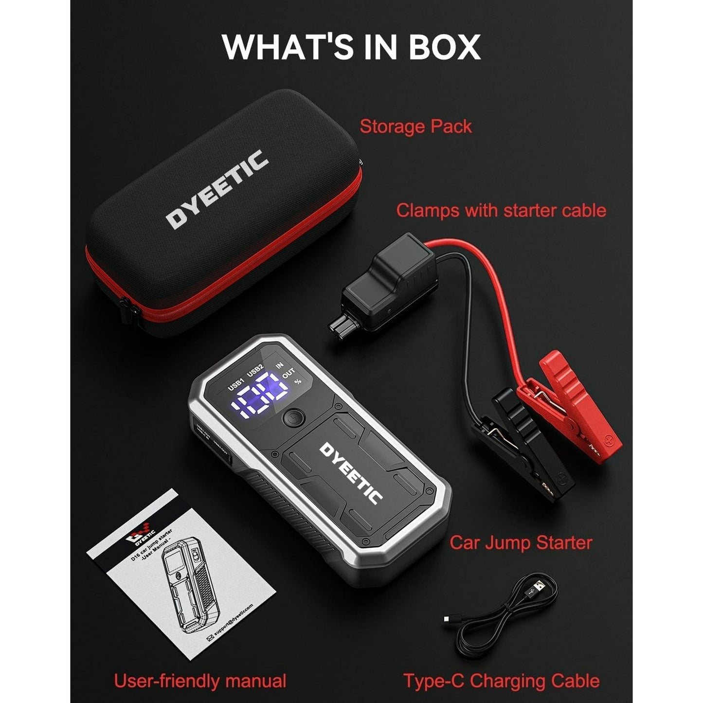 Dyeetic 3000A Car Battery Jump Starter, Portable 12V Battery Jump Box for 10.0L Gas and 8.0L Diesel Engines