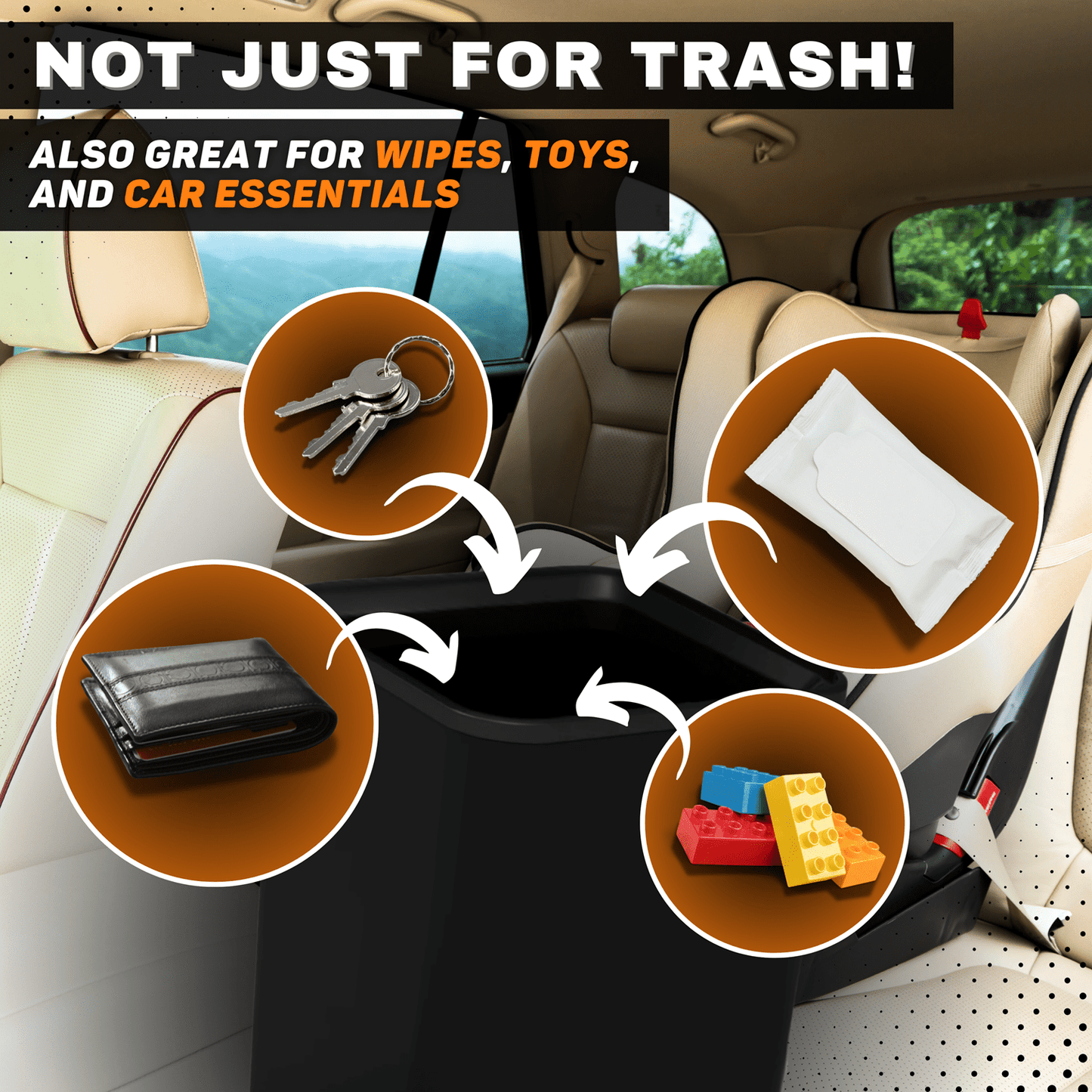 Compact Car Trash Can, 2L Leakproof Garbage Bin with Anti-Tip Stability Wings, Anti-Slip Base, Includes Trash Bags, Black, Medium Size, Universal Fit for Cars, SUVs, Trucks