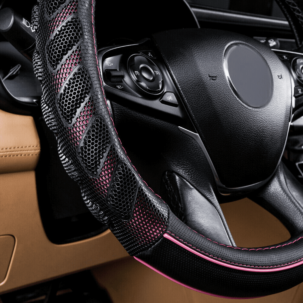 Flying Banner car Steering Wheel Cover Faux Leather Massage Universal fit 3D Honeycomb Hole Anti-Slip Sporty 15 inches (Pink Black)