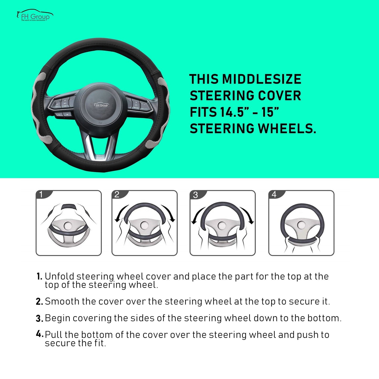 FH Group Universal PU Leather Car Steering Wheel Covers w/ Anti-Slip Grip Fits 14.5"-15.5"