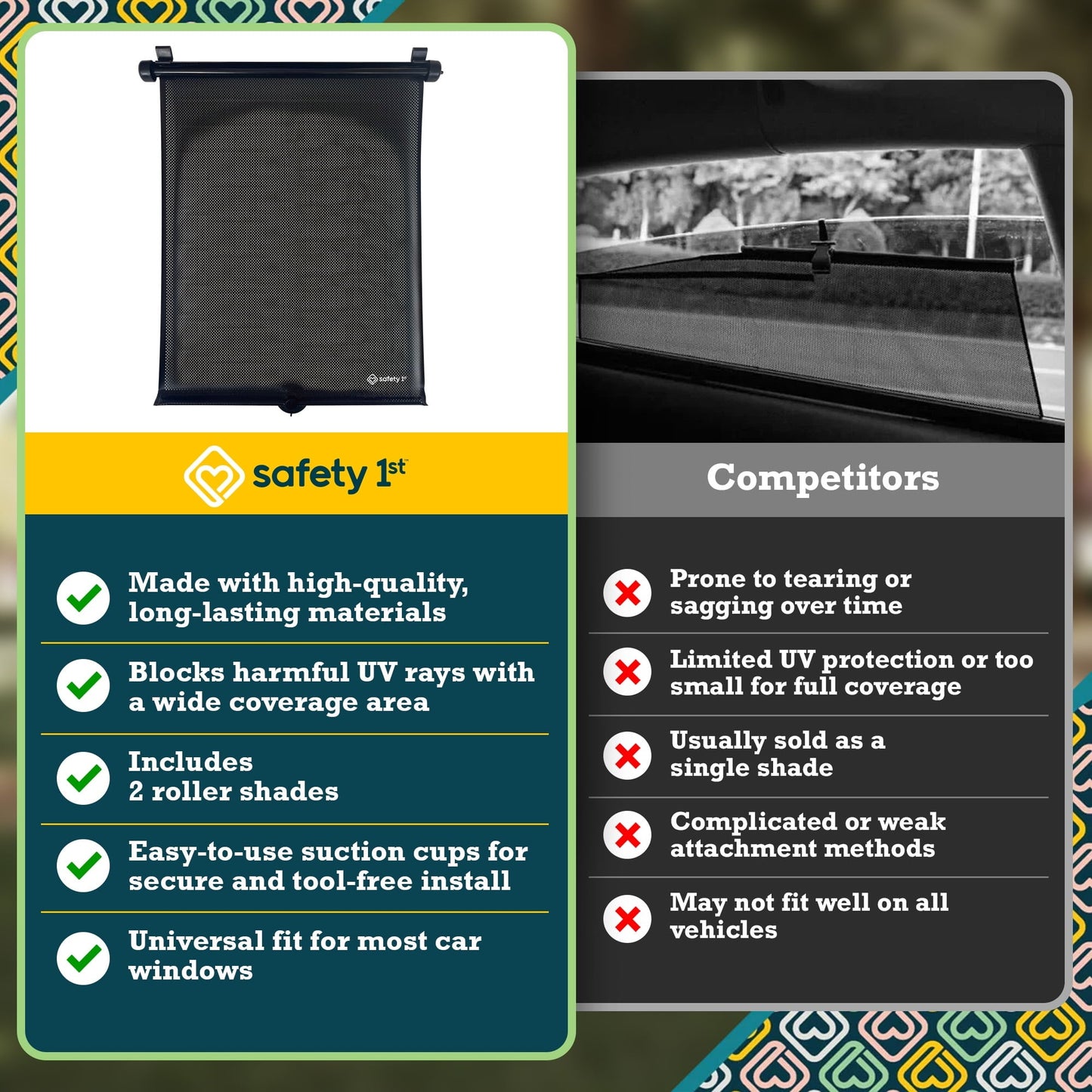 Safety 1st Retractable Roller Shade Sun Protection for Car Windows, 2-Pack