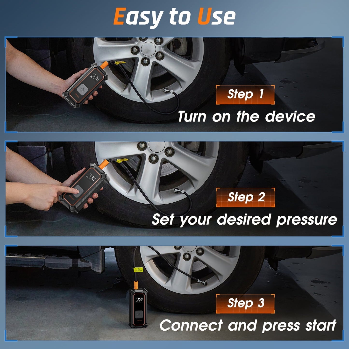 Ophanie Cordless Portable Tire Inflator - 160 Psi Digital Pressure Gauge, Air Compressor for Car Tires with Automatic Shutoff, Emergency LED Light, Compact Automotive Pump