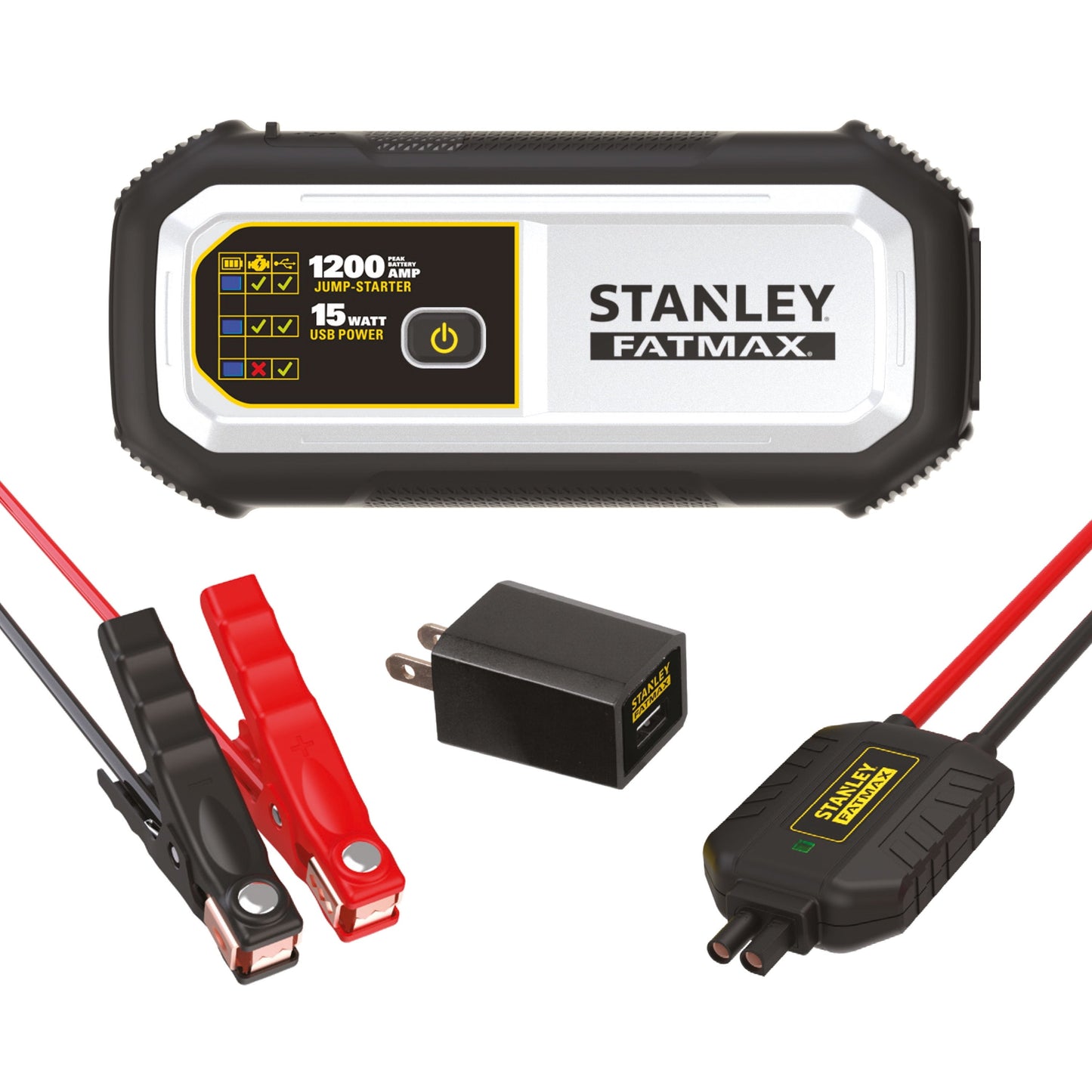 Stanley FatMax 1200A, Lithium Jump Starter with 15 Watt USB-A and USB-C Power, Includes clamps