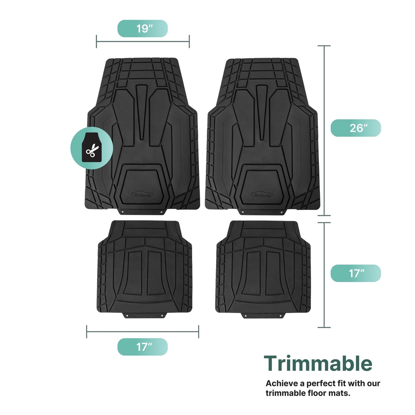 FH Group Universal Fit Trimabble Rubber Car Floor Mats with Stripped Design – Black Full Set
