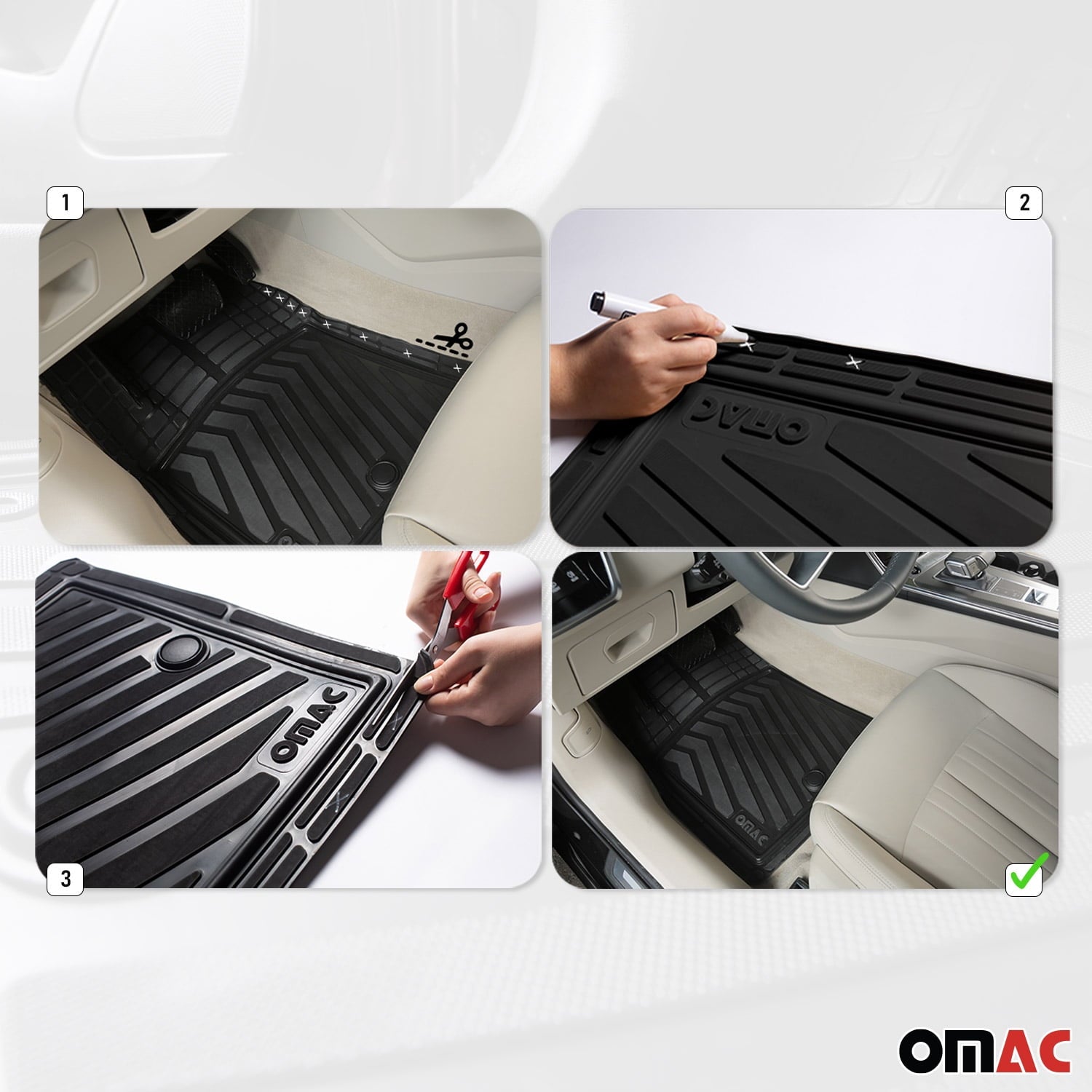 OMAC Floor Mats Liner for Car 3D All-Weather Front Rear Semi-Custom fit 4 Pcs Set Black