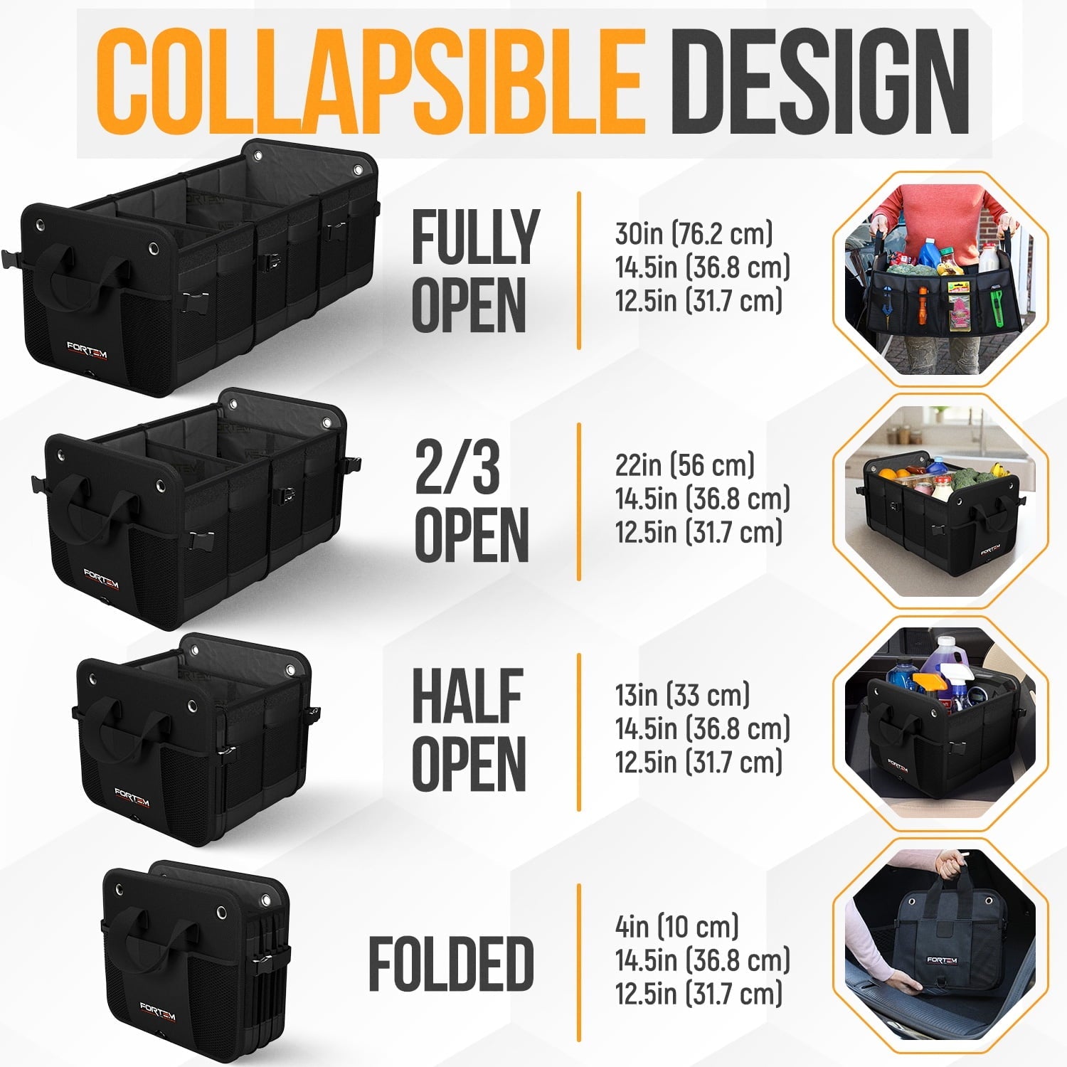 FORTEM SUV Trunk Organizer, Car Organizer, Collapsible Multi-Compartment Storage Bag for Car Accessories for Women Men, 1680D Oxford, Non Slip Bottom, Adjustable Straps, Soft Cover (90L)