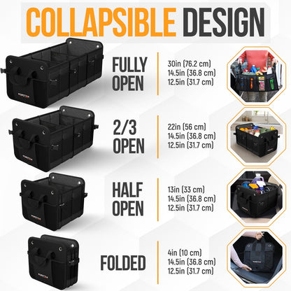 FORTEM SUV Trunk Organizer, Car Organizer, Collapsible Multi-Compartment Storage Bag for Car Accessories for Women Men, 1680D Oxford, Non Slip Bottom, Adjustable Straps, Soft Cover (90L)