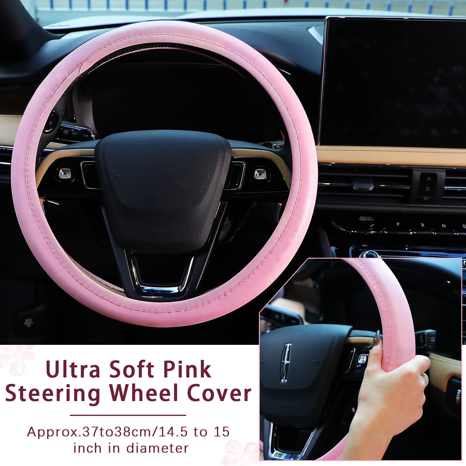 10 PCS Car Accessories Leather Steering Wheel Cover Set, Car Steering Wheel Cover for Women with Seat Belt Pads Cup Holders Start Button, Pink