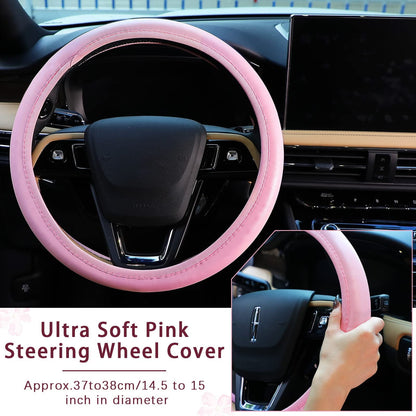 10 PCS Car Accessories Leather Steering Wheel Cover Set, Car Steering Wheel Cover for Women with Seat Belt Pads Cup Holders Start Button, Pink