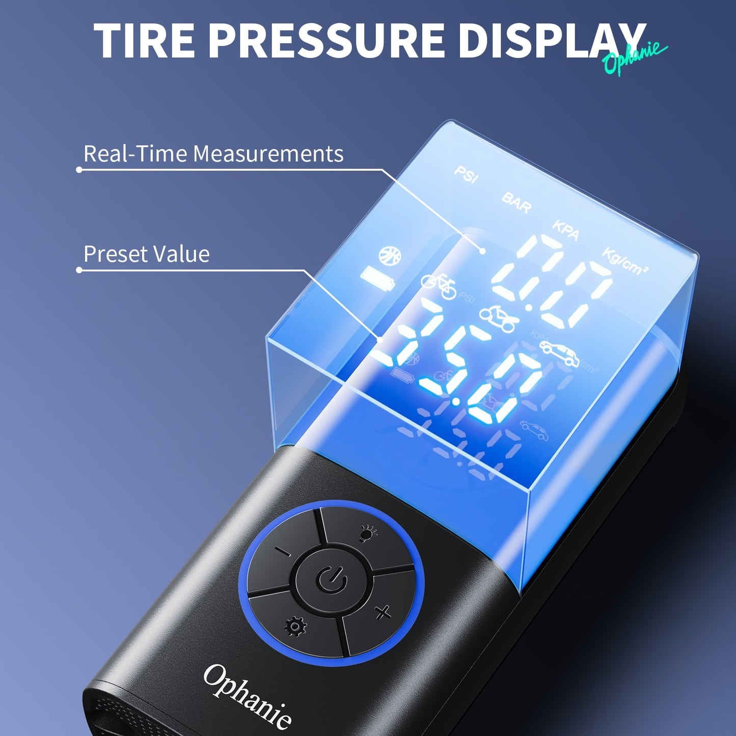 Ophanie Cordless Portable Tire Inflator - 160 Psi Digital Pressure Gauge, Air Compressor for Car Tires with Automatic Shutoff, Emergency LED Light, Compact Automotive Pump