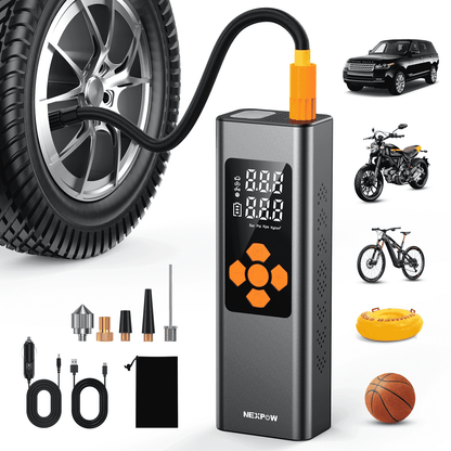 NEXPOW Tire Inflator Portable Air Compressor, 150 PSI Air Pump for Car Tires with Pressure Gauge, LED Light and Auto Shut-Off, Cordless Pump with Dual Power Supply for Cars, Bikes, Balls