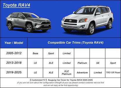 Car Cover Waterproof Custom Fit Toyota RAV4 (2005-2025), Full Exterior Cover for Automobiles Lightweight Resistant Outdoor Sun UV Rain Dust Snow Wind Protection.
