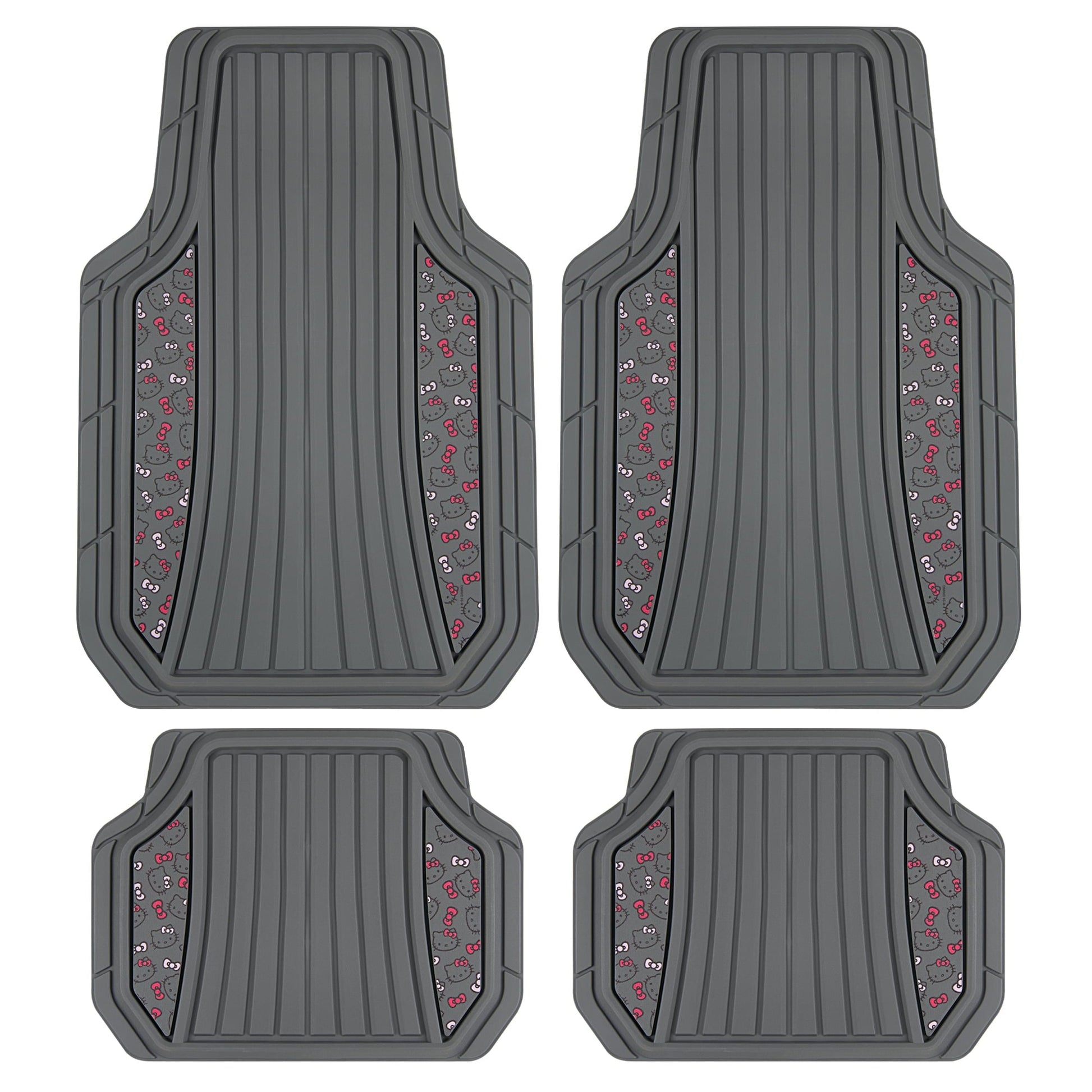Hello Kitty 4pc Car Mats for Cars, Trucks, SUVs - Kawaii Rubber Floor Mats for Women & Men, Heavy Duty Non-Slip Front & Rear Mats, Cute Hello Kitty Accessories, Classic Gray with Pink Bows