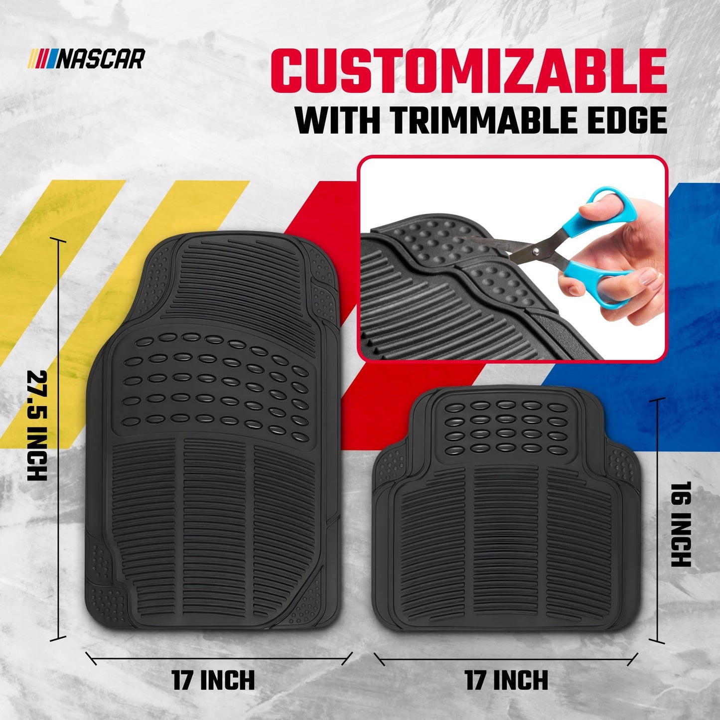 NASCAR Premium Car Floor Mats, 4-Piece Set | Heavy Duty All-Weather Rubber | Universal Trim-to-Fit for Cars, Trucks & SUVs | Traps Dirt, Snow & Water
