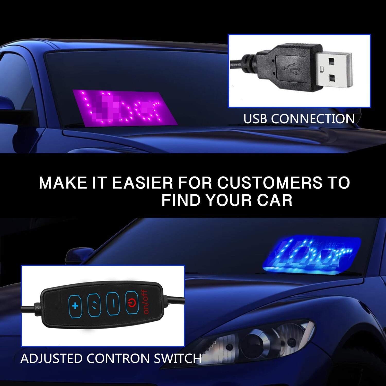 Adjusted Led Light Signs for Car Windshield, Taxi Sign Light Glow LED Sign with Suction Cups & Universal USB-Plug, Light Board Sign Car Accessories Suitable for All Cars (Blue/Pink)