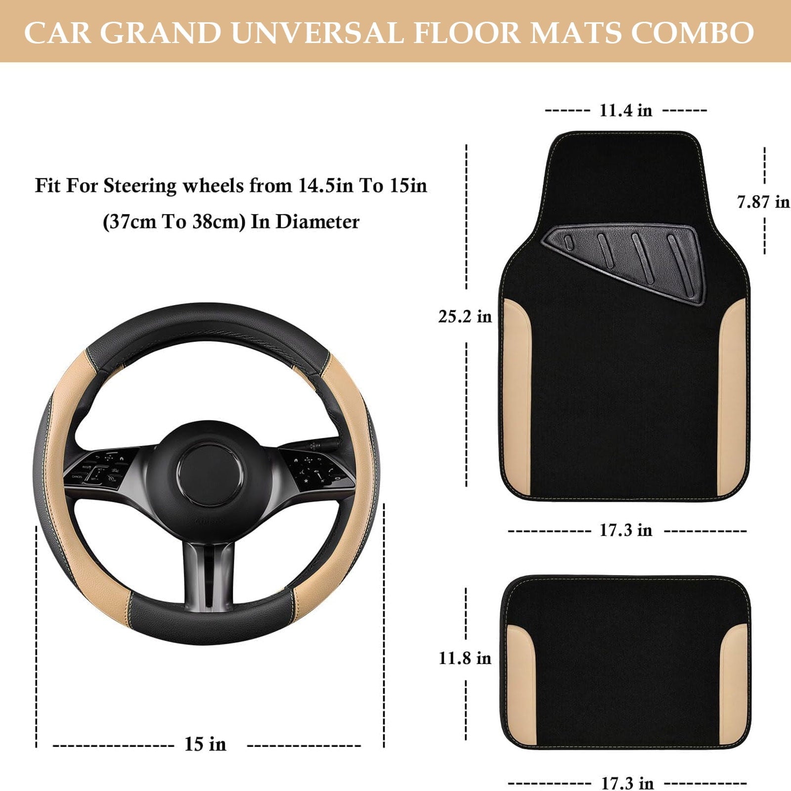 CAR GRAND Faux Leather Car Steering Wheel Cover Combo Pack Car Floor Mats, Universal Fit Waterproof Anti-slip Carpet 14.5-15 Inches Beige & Black