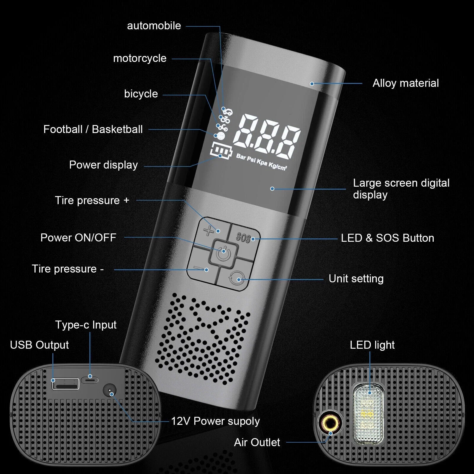 150 PSI Air Compressor Tire Inflator Fits Car Moto Bike Tires Air Pump Portable