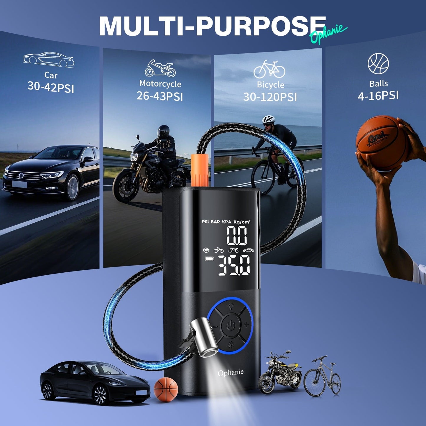 Ophanie Cordless Portable Tire Inflator - 160 Psi Digital Pressure Gauge, Air Compressor for Car Tires with Automatic Shutoff, Emergency LED Light, Compact Automotive Pump