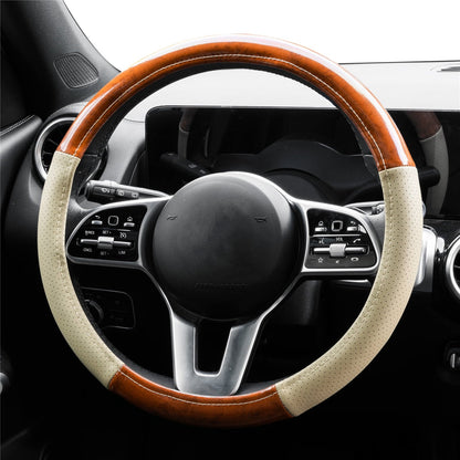 XUKEY Beige Wood Grain Car Steering Wheel Cover Leather 14.5" to 15" Breathable Anti-Slip Universal