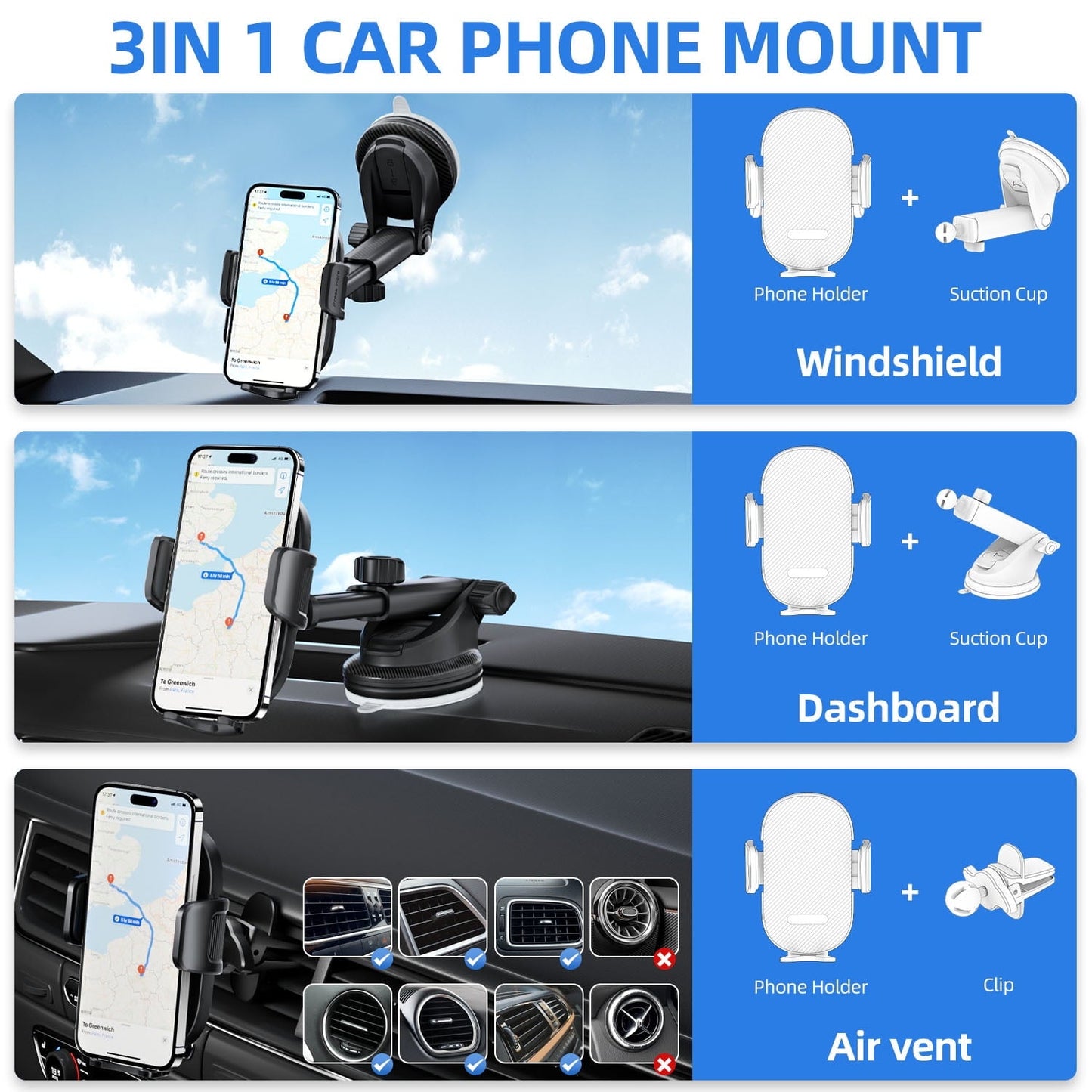 YOOVEE Universal Dashboard & Windshield Car Phone Holder - 360° Rotatable Mount, 3-in-1 Vent/Dash/Windshield Clip for 4-7" Phones, iPhone, Samsung, Google Pixel, Moto
