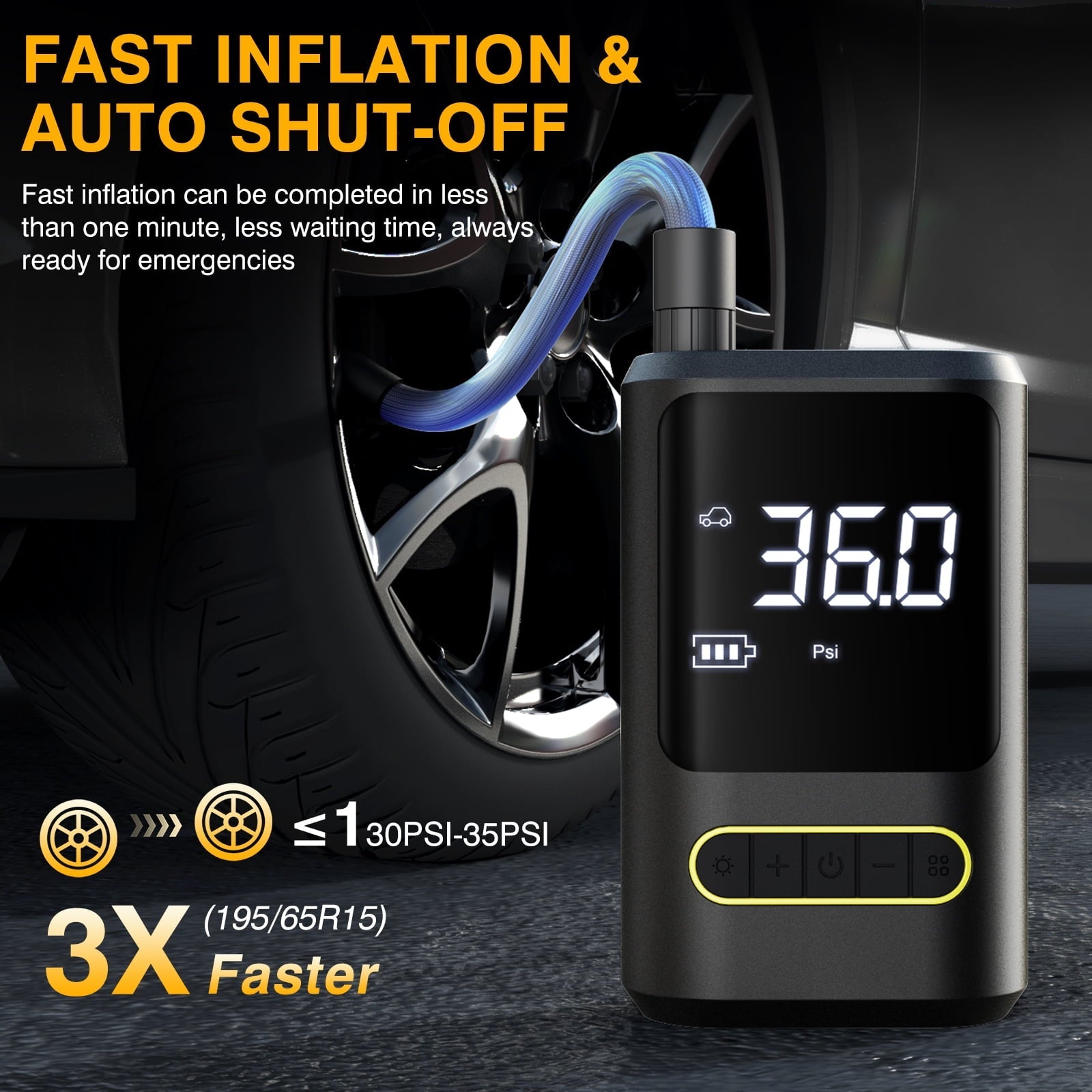 Cshidworld Tire Inflator Portable Air Compressor, 150 PSI & 4000mAh Cordless Bike Pump for Auto Bicycle Balls with Digital Pressure Gauge/LED Light, 3X Fast Inflation Smart Air Pump Black