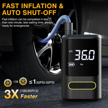 Cshidworld Tire Inflator Portable Air Compressor, 150 PSI & 4000mAh Cordless Bike Pump for Auto Bicycle Balls with Digital Pressure Gauge/LED Light, 3X Fast Inflation Smart Air Pump Black