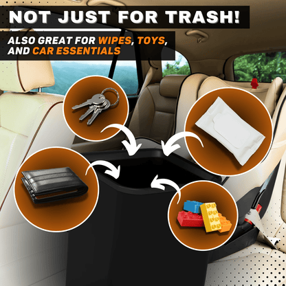 Compact Car Trash Can, 2L Leakproof Garbage Bin with Anti-Tip Stability Wings, Anti-Slip Base, Includes Trash Bags, Black, Medium Size, Universal Fit for Cars, SUVs, Trucks
