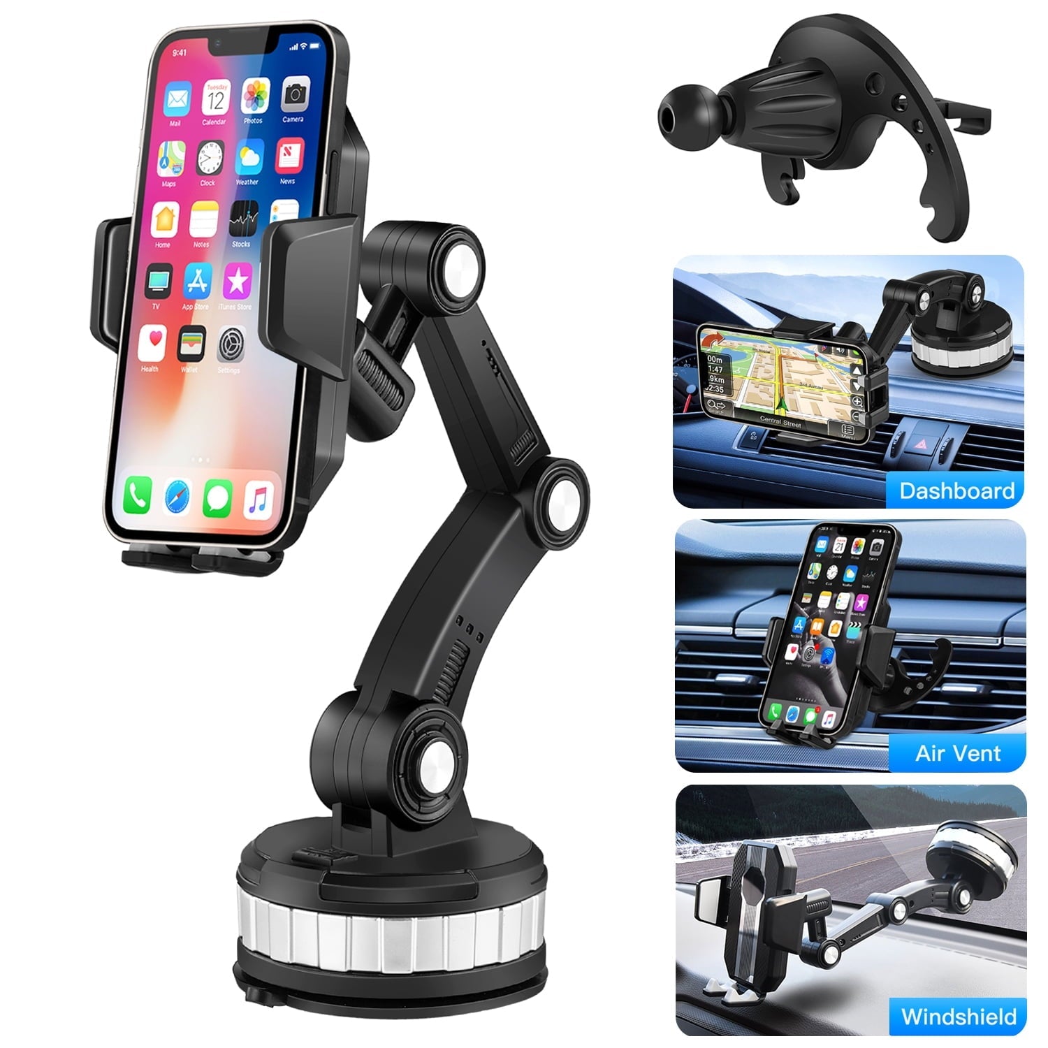 Zacro 3 in 1 Car Phone Holder Mount, Dashboard / Windshield / Air Vent Phone Holder, 360° Rotatable Suction Cup Cell Phone Holder for iPhone Smartphones