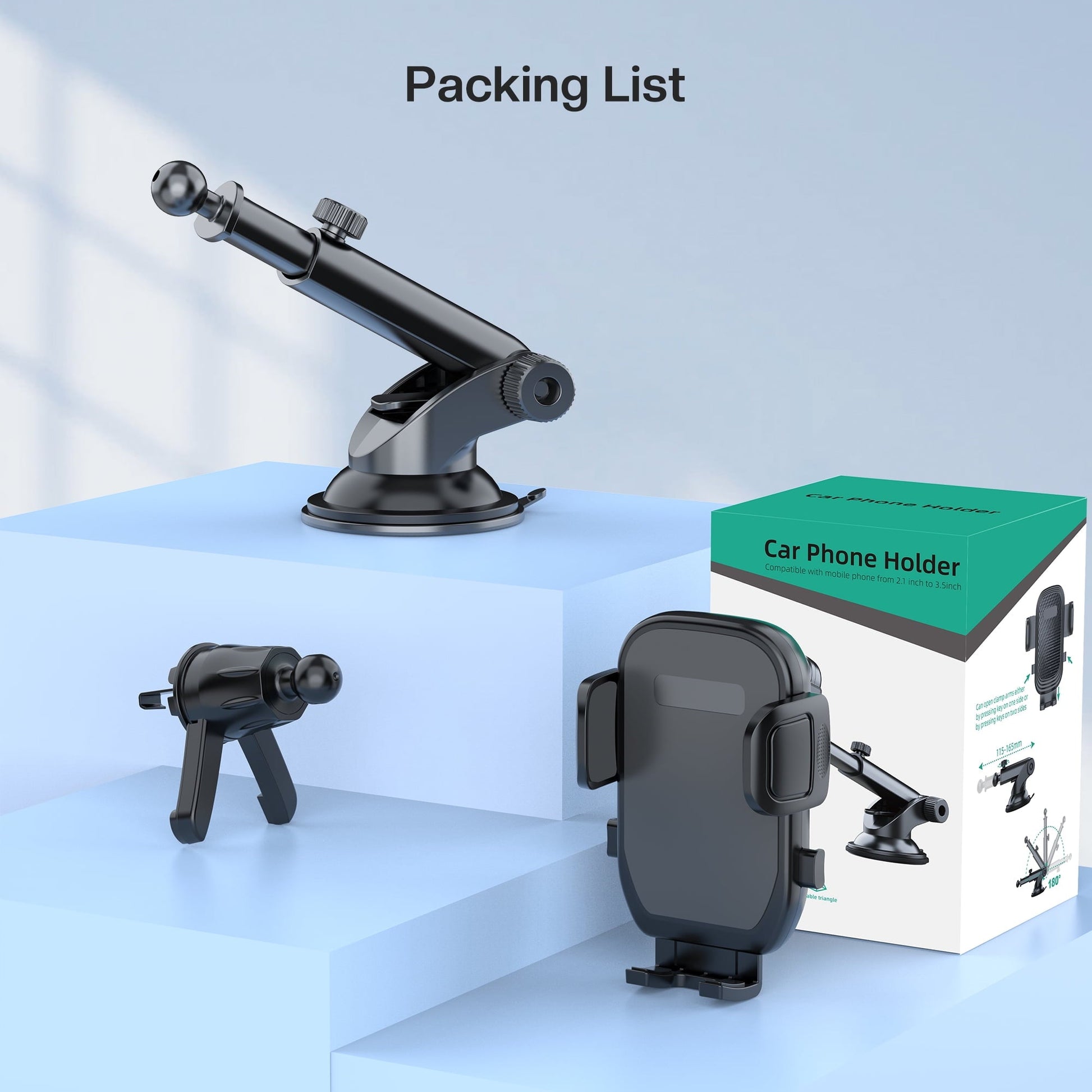 MaxAngel 3-in-1 Car Phone Holder with Military-Grade Suction Cup, Metal Hook Ventilation Clip, 360° Rotating Phone Holder for iPhone, Samsung & Android Smartphones,Black