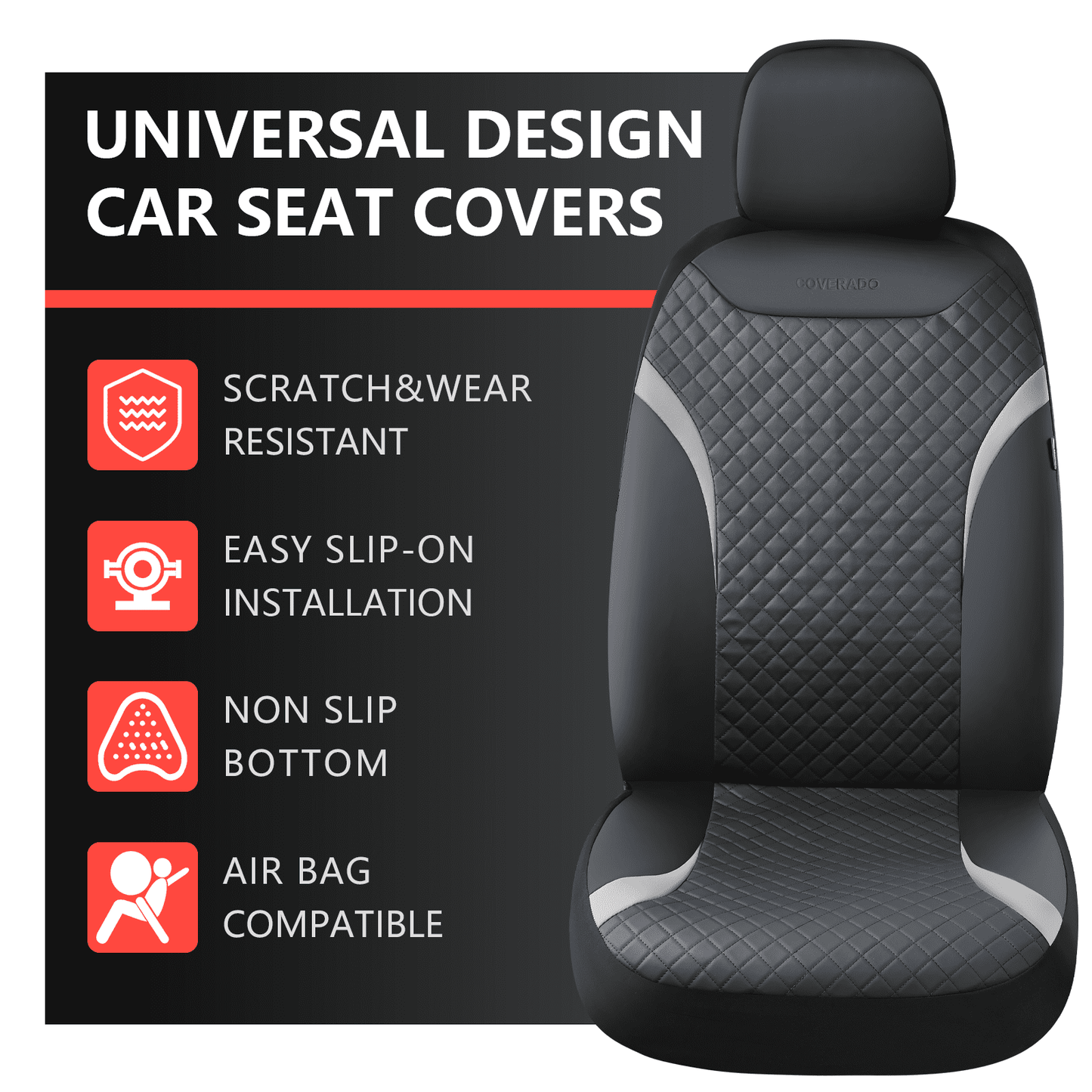 Coverado PVC&Fabric Car Seat Covers, Front and Back Car Seat Protectors, 5 Seats Universal Fit for Most Cars SUV Trucks, Black