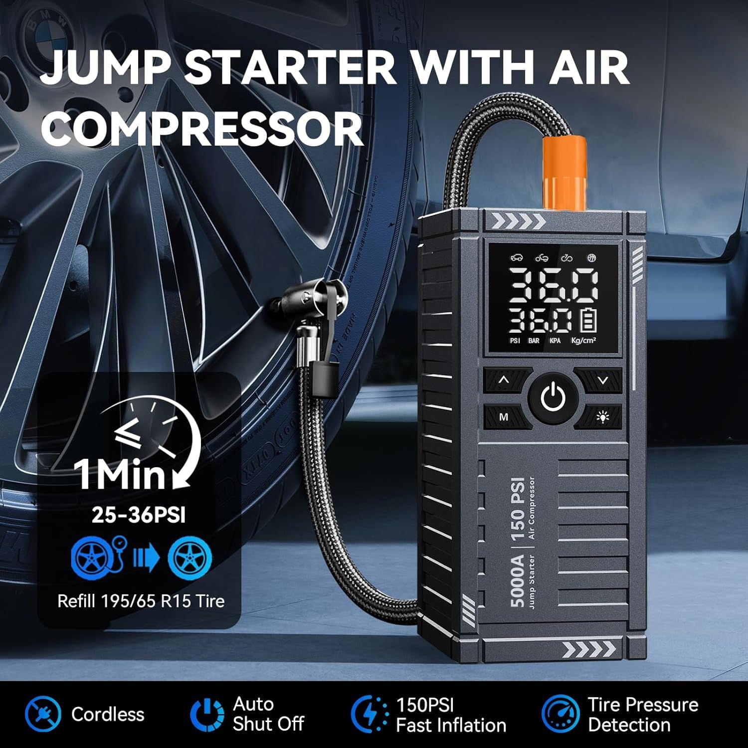 TRAKAR Car Battery Charger Jump Starter with Air Compressor, 5000A 150PSI (9.0 Gas/8.0L Diesel), 14.8V Jump Box Car Battery Jumper Starter Portable with Jumper Cables, LCD Display, Lights