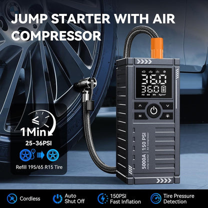 TRAKAR Car Battery Charger Jump Starter with Air Compressor, 5000A 150PSI (9.0 Gas/8.0L Diesel), 14.8V Jump Box Car Battery Jumper Starter Portable with Jumper Cables, LCD Display, Lights