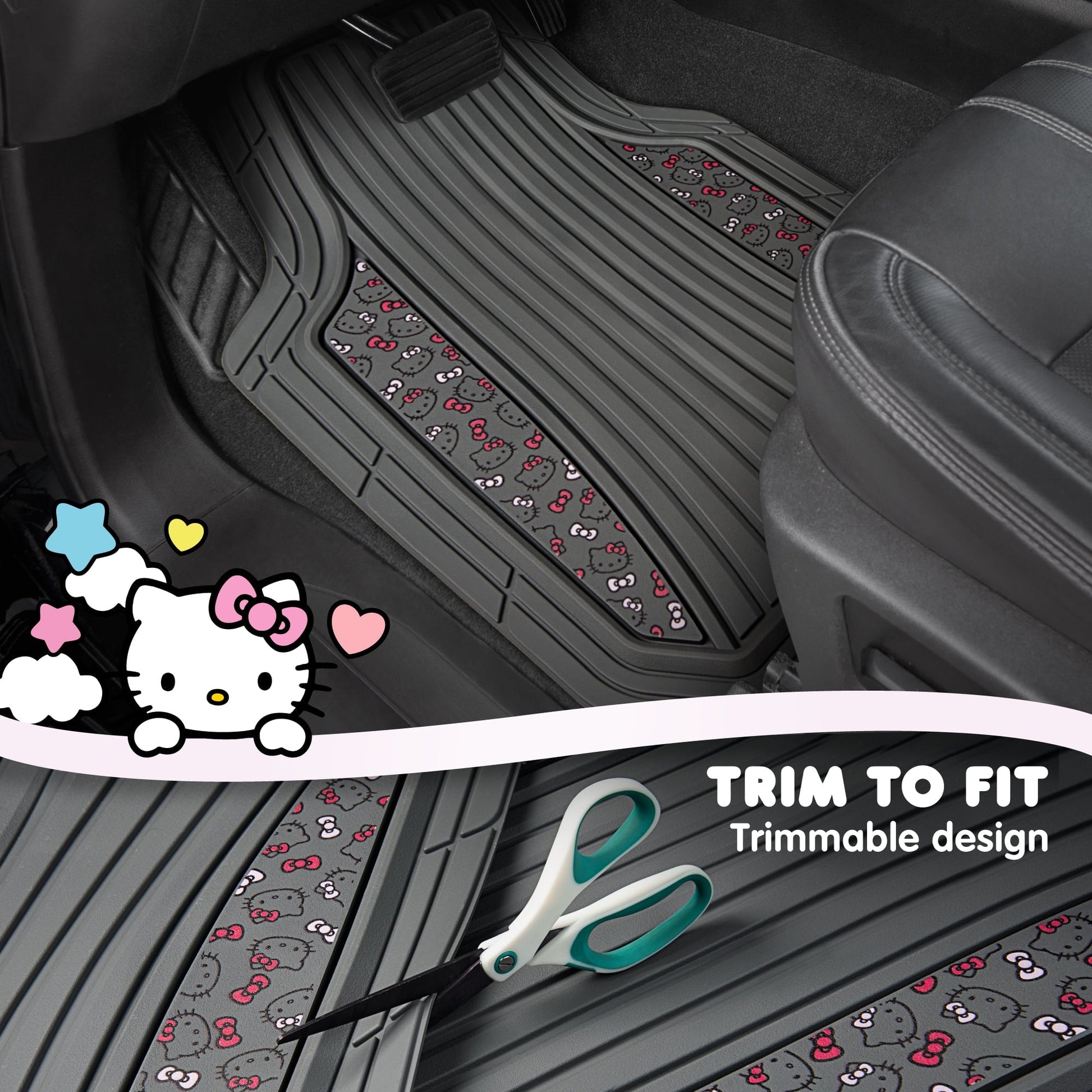 Hello Kitty 4pc Car Mats for Cars, Trucks, SUVs - Kawaii Rubber Floor Mats for Women & Men, Heavy Duty Non-Slip Front & Rear Mats, Cute Hello Kitty Accessories, Classic Gray with Pink Bows