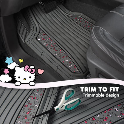 Hello Kitty 4pc Car Mats for Cars, Trucks, SUVs - Kawaii Rubber Floor Mats for Women & Men, Heavy Duty Non-Slip Front & Rear Mats, Cute Hello Kitty Accessories, Classic Gray with Pink Bows