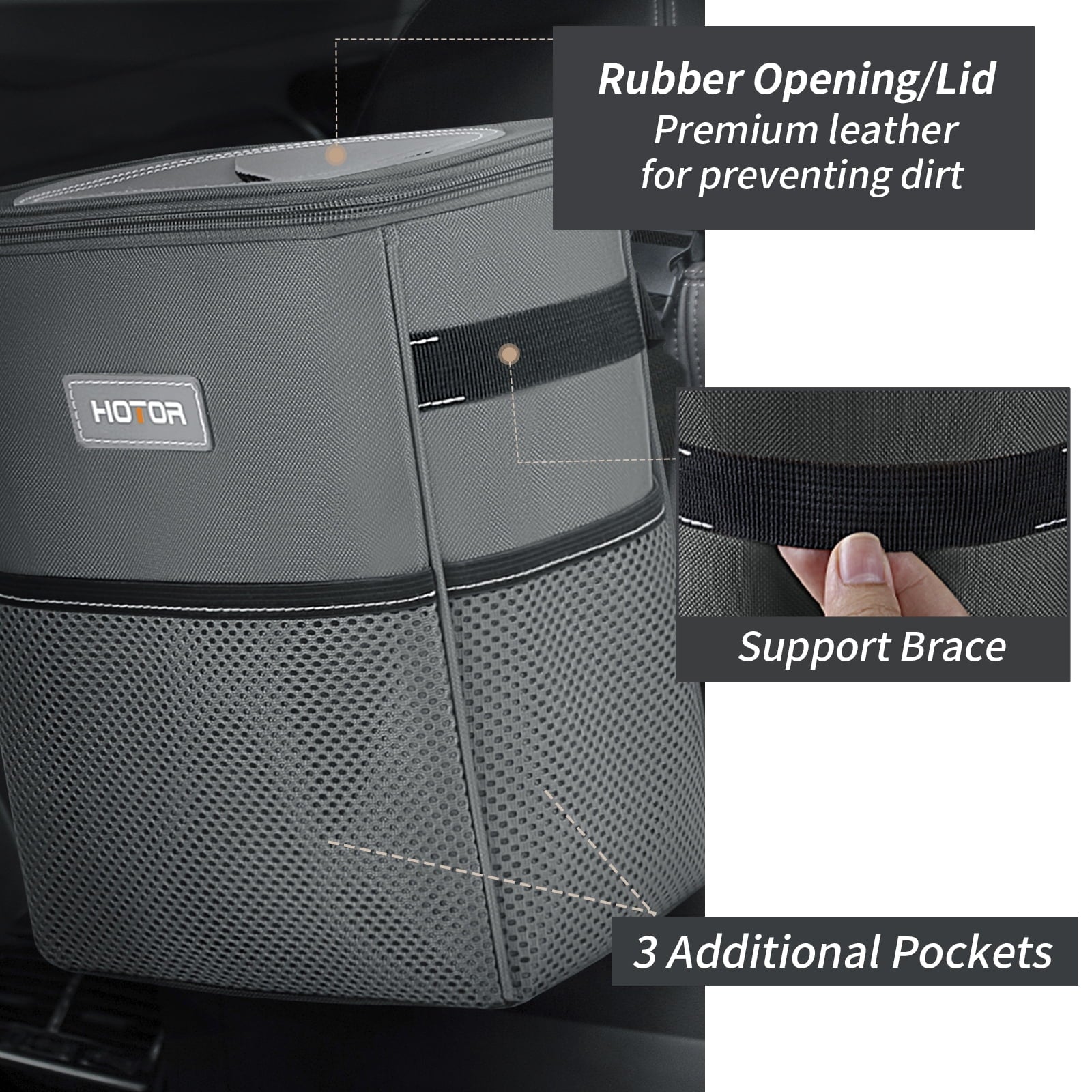 HOTOR Car Trash Can with Lid, Leak-Proof Car Garbage Can with Mesh Pockets, Car Accessories, 2 Gallons, Gray