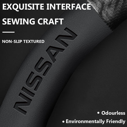 Premium Custom Fit Steering Wheel Cover for Nissan - Genuine NAPA Leather & Carbon Fiber Design | Anti-Slip Grip | Includes Bonus Cup Mat & 3-in-1 Charging Cable (Black)