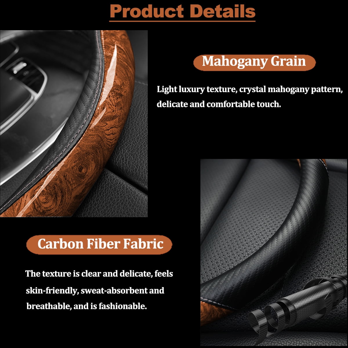 XUKEY Car Steering Wheel Cover Carbon Fiber Wood Grain Universal 14.5" to 15"