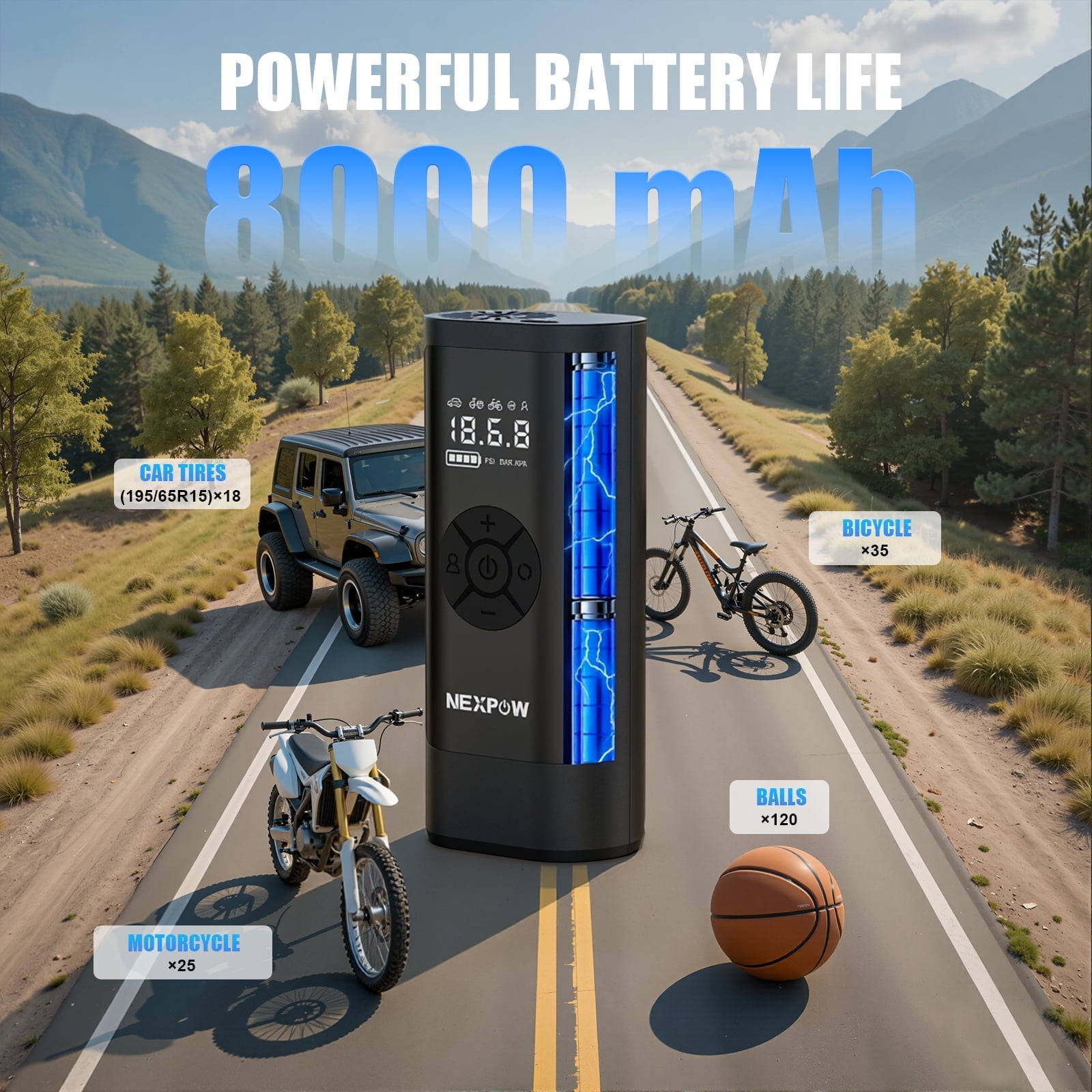 NEXPOW Tire Inflator Portable Air Compressor, 150PSI Cordless Bike Tire Pump with Auto-Shuts off, 8000mAh Air Pump for Car Tires for Car, Bike, Ball