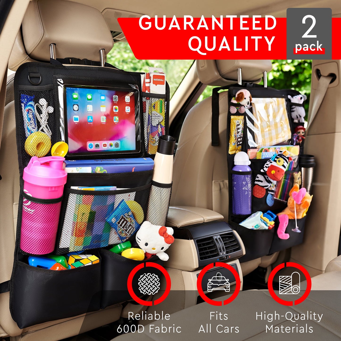 Helteko Backseat Car Organizer with 9 Storage Pockets, 600D Polyester, 25 in x 19 in, 2 pack, Black
