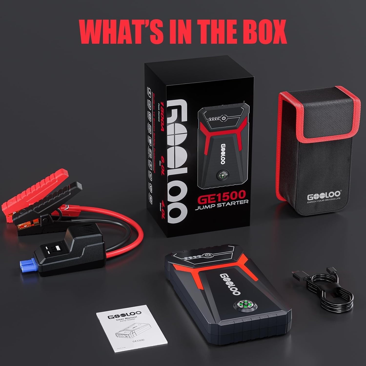GOOLOO Car Jump Starter, 1500A Peak 12V Battery Jump Box with Quick Charge Out(Up to 6.0L Gas and 4.0L Diesel Engines), GE1500 Portable Battery Booster Pack Power Bank Car Starter