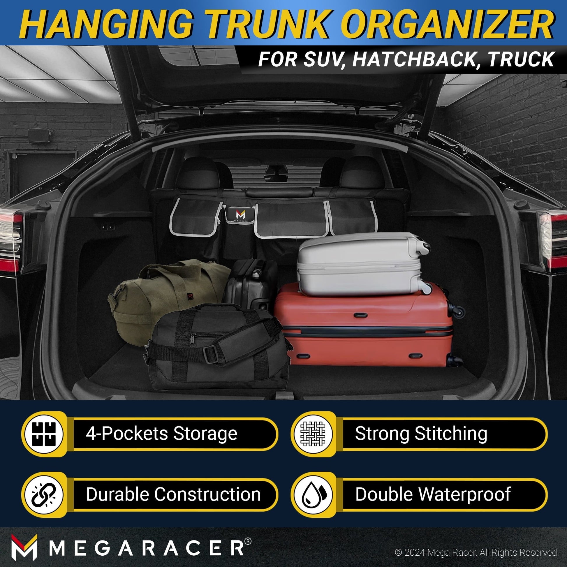 Mega Racer Black Backseat Trunk Organizer for SUV, Hatchbacks, Trucks, Minivans, Wagons - 1 Piece