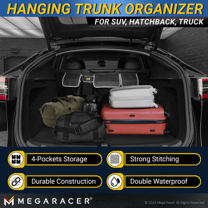 Mega Racer Black Backseat Trunk Organizer for SUV, Hatchbacks, Trucks, Minivans, Wagons - 1 Piece