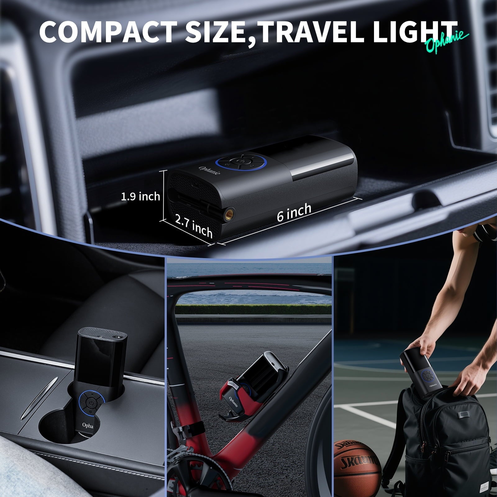 Ophanie Cordless Portable Tire Inflator - 160 Psi Digital Pressure Gauge, Air Compressor for Car Tires with Automatic Shutoff, Emergency LED Light, Compact Automotive Pump