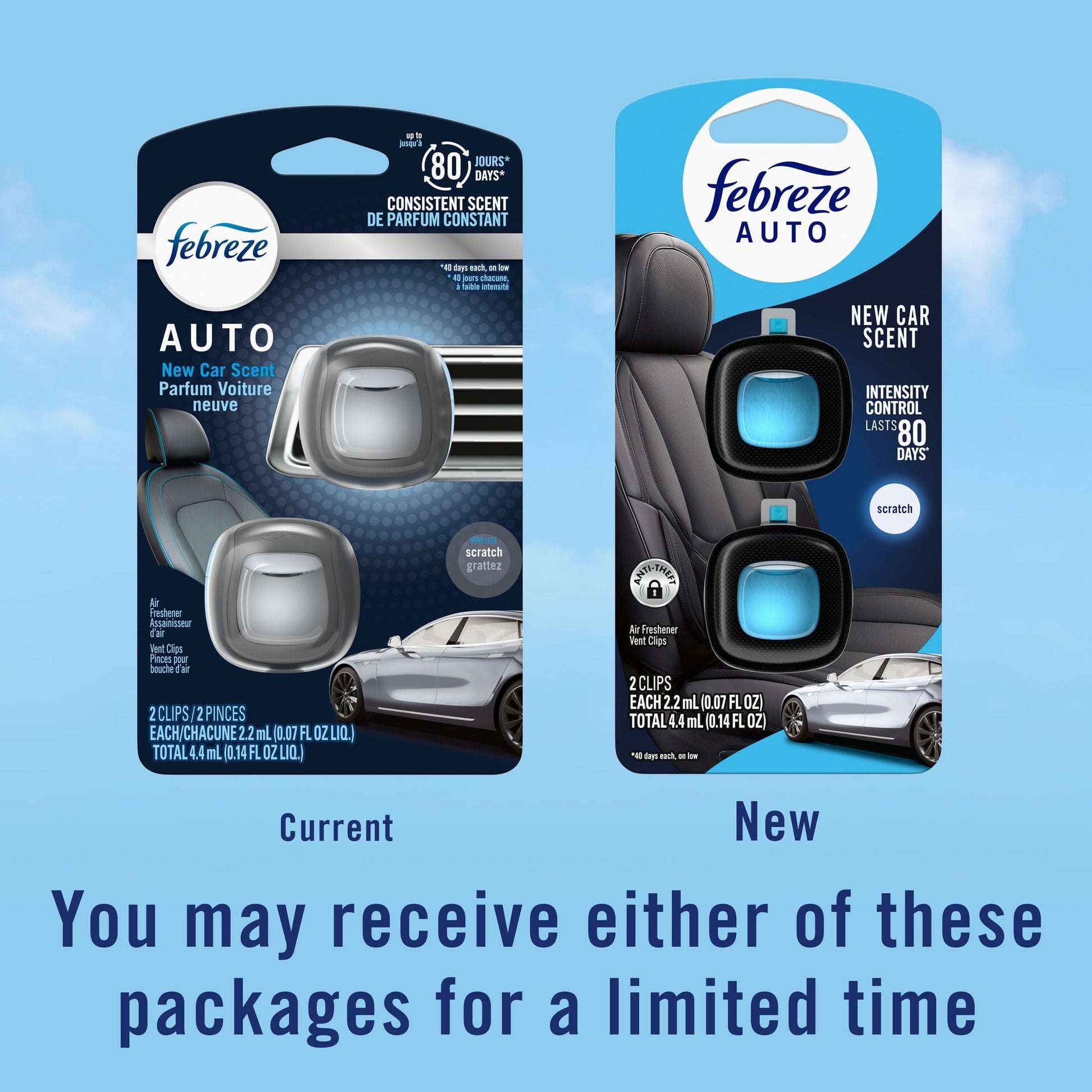 Febreze AUTO Car Air Freshener, Odor-Fighting Car Vent Clip, New Car, 2 Count