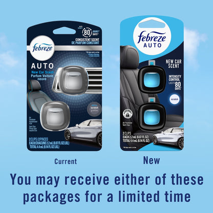 Febreze AUTO Car Air Freshener, Odor-Fighting Car Vent Clip, New Car, 2 Count