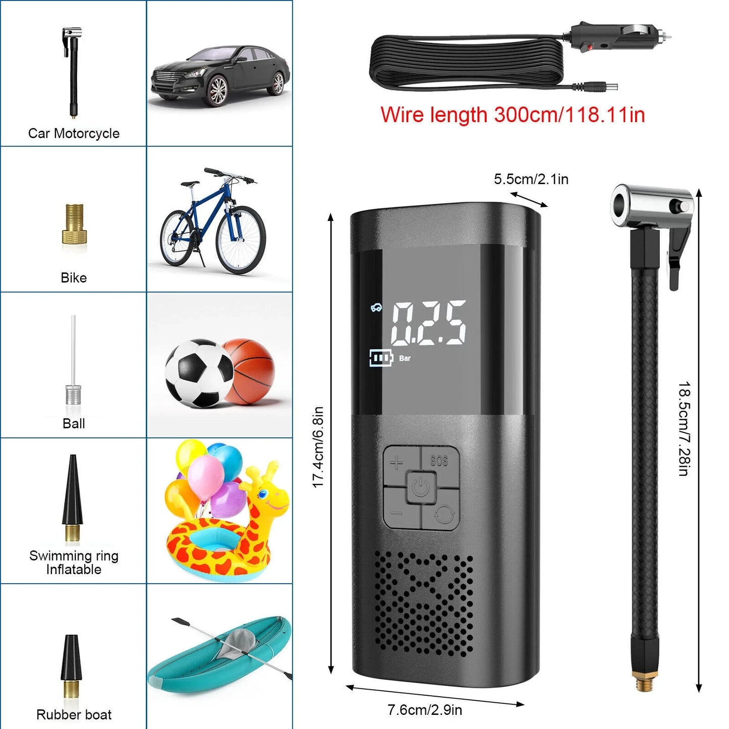 150 PSI Air Compressor Tire Inflator Fits Car Moto Bike Tires Air Pump Portable