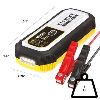 Stanley FatMax 1200A, Lithium Jump Starter with 15 Watt USB-A and USB-C Power, Includes clamps
