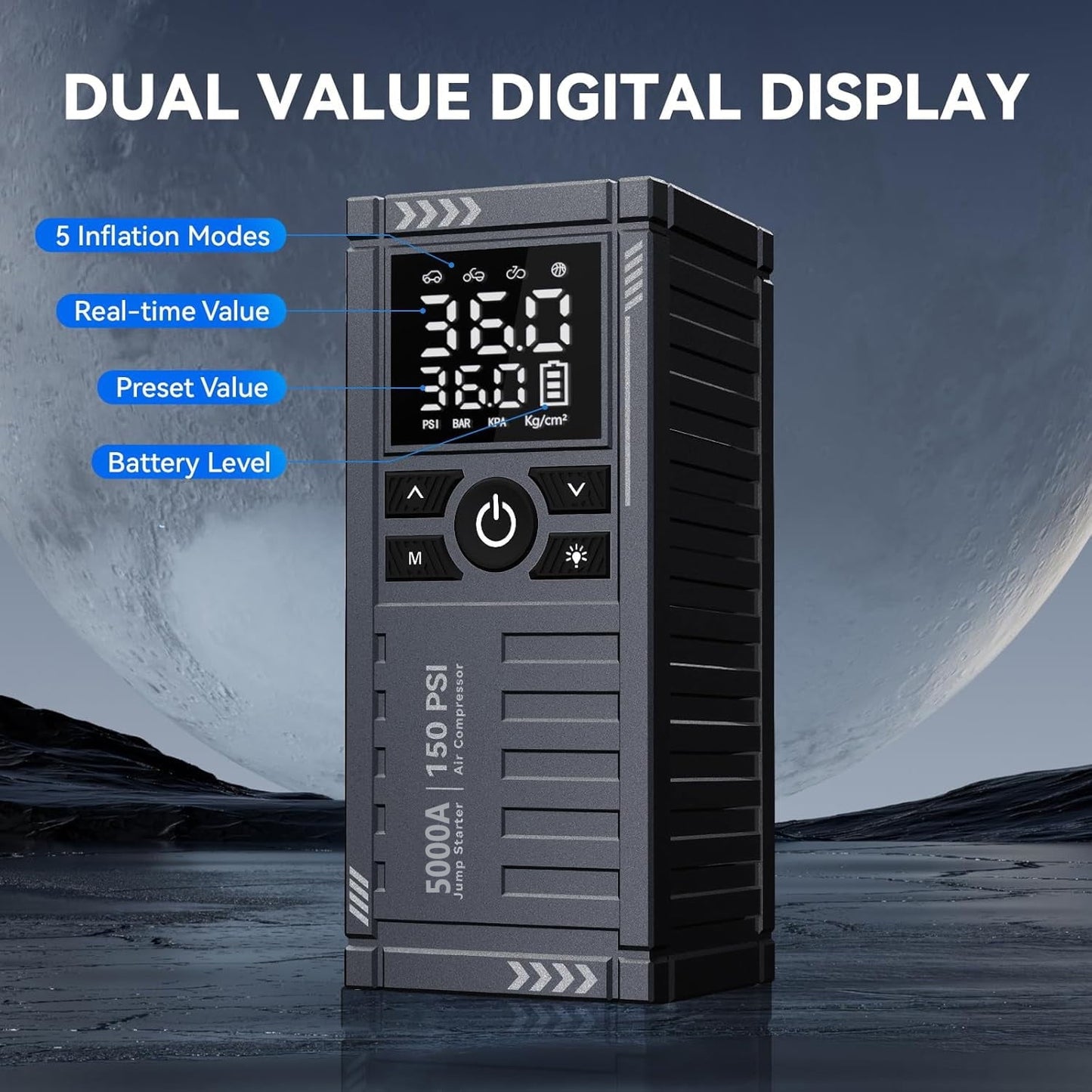 TRAKAR Car Battery Charger Jump Starter with Air Compressor, 5000A 150PSI (9.0 Gas/8.0L Diesel), 14.8V Jump Box Car Battery Jumper Starter Portable with Jumper Cables, LCD Display, Lights