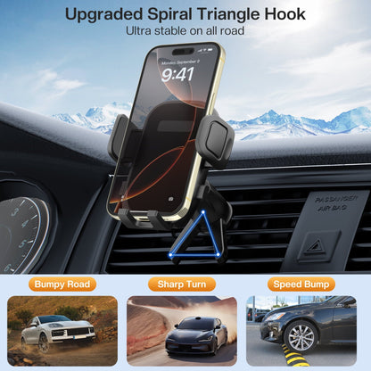 MaxAngel 3-in-1 Car Phone Holder with Military-Grade Suction Cup, Metal Hook Ventilation Clip, 360° Rotating Phone Holder for iPhone, Samsung & Android Smartphones,Black