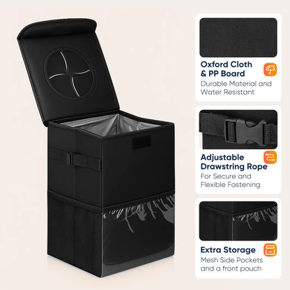 Deli Car Trash Can with Lid, 3 Gallon/11.5L Leak-Proof Trash Bin Car Garbage Can with Mesh Pockets,Waterproof Collapsible Car Organizer Hanging for Back/Front Seat/Console